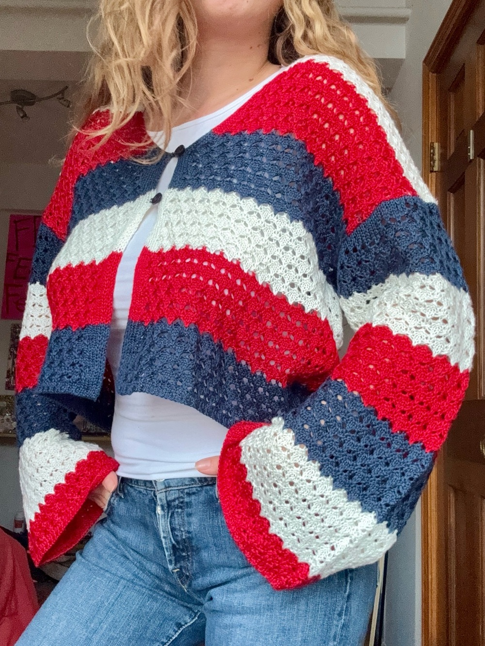 Red/White/Blue Crochet Cardigan with Wide Sleeves | 33 Degrees | Size Large